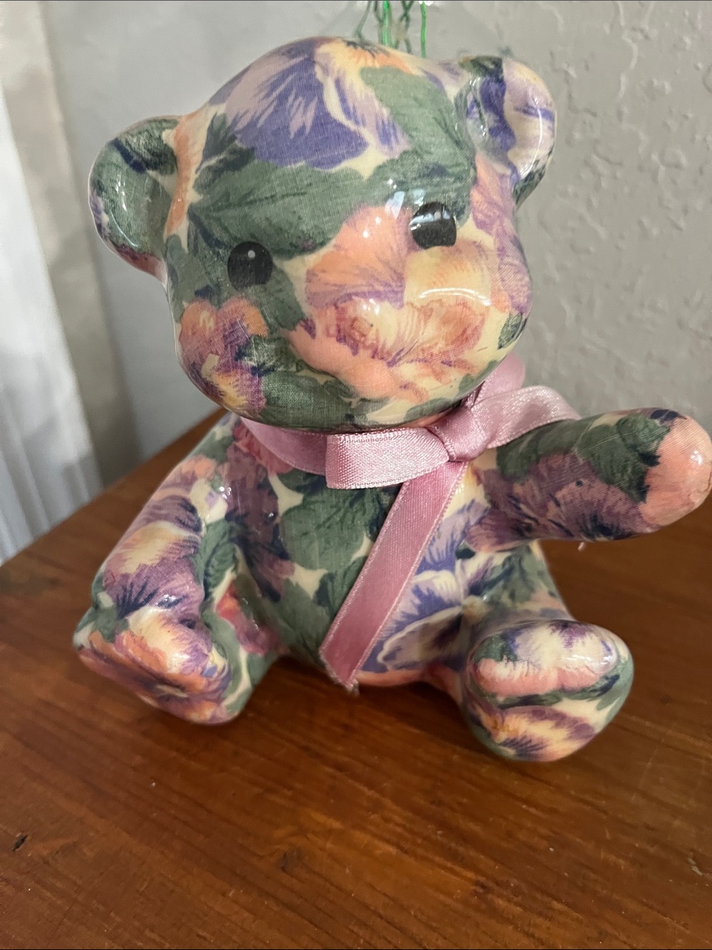 Joan Baker Designs Floral Ceramic Teddy Bear Figurine with Pink Ribbon